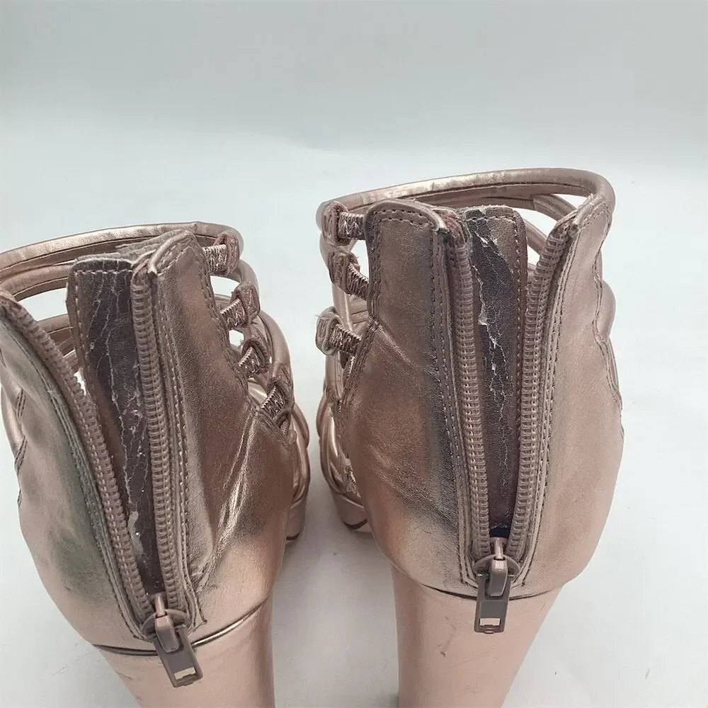 Steve Madden Liana Strappy Caged Platform‎ Block Heel Sandals Gold 9